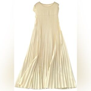 A Line Loose Fit Cottagecore Cream Pleated Pocket Dress